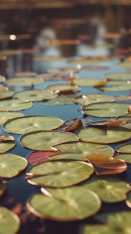 Vertical Footage Pulling Back Revealing Dense Lily Pads Floating on Sunlit Pond