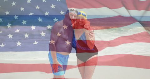 Senior Couple Enjoying Summer Beach with USA Flag Overlay