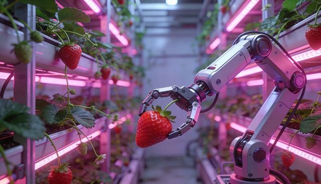 Robotic arm harvesting ripe strawberry in indoor vertical farm with magenta led lighting