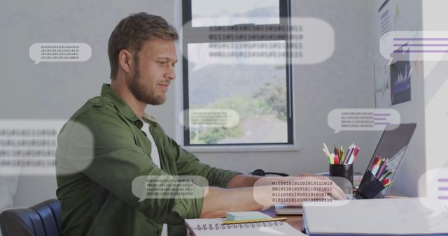 Man Working on Laptop Surrounded by Code in Modern Office - Download Free Stock Images Pikwizard.com