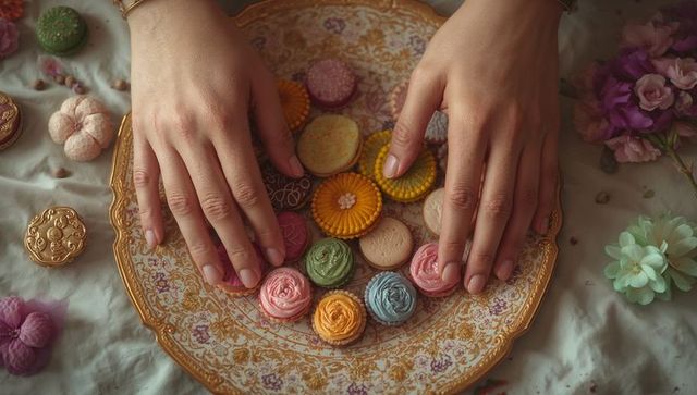 Hands Arranging Artisanal Floral Cookies and Macarons on Ornate Plate