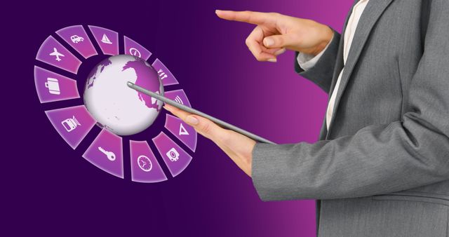 Image of travel icons with globe and caucasian woman using tablet on purple background. Global travel, technology, digital interface and data processing concept digitally generated image.