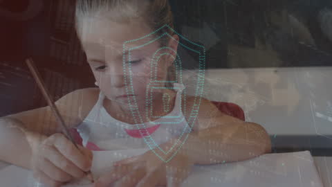 Child Writing Technology and Cybersecurity Concept