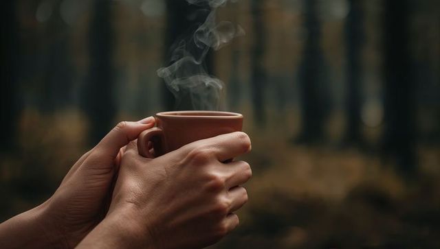 Hands cradling steaming ceramic mug in misty autumn forest creating cozy warmth moment