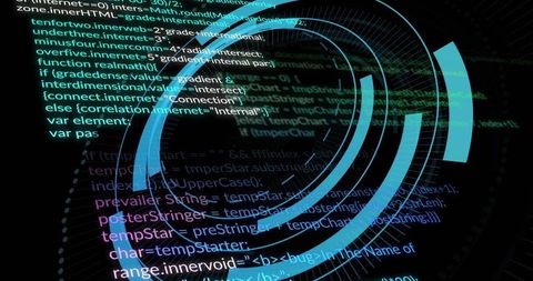 Rotating Cyan HUD Rings Streaming Code and Neon Data Visualization for Cyber Tech Interface