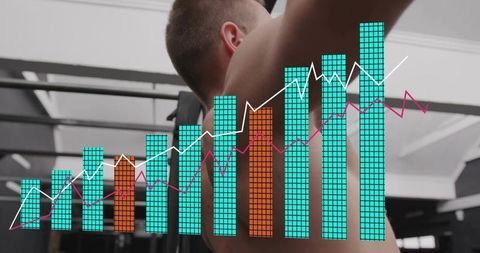 Shirtless man performing pull-up with fitness data overlay and performance analytics