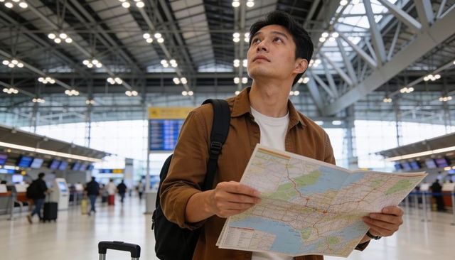 Holding map and looking at departure boards in airport terminal with suitcase and backpack