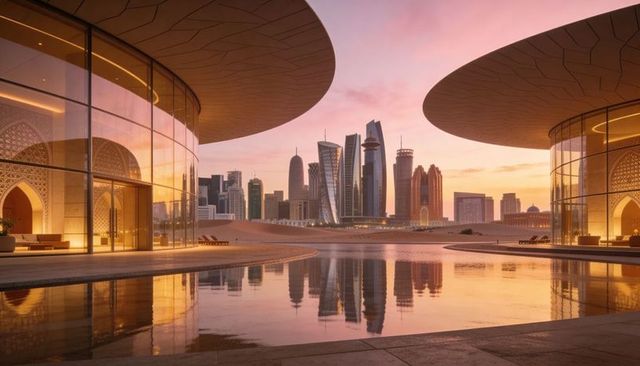 Sunset skyline reflecting in tranquil pool, framing curved glass pavilions and ornate arches