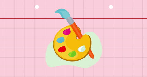 Artistic Paintbrush and Palette on Pink Grid Background