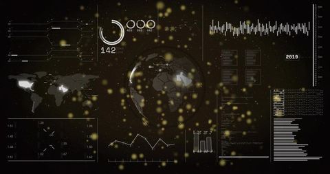 Rotating holographic globe displaying hex grid HUD with data analytics particles 2019