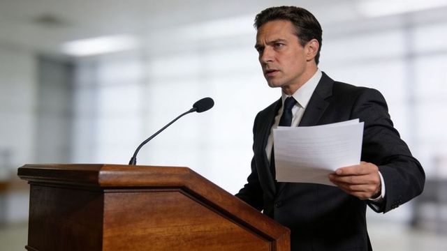 Corporate executive delivering formal presentation at lectern holding papers and speaking into mic