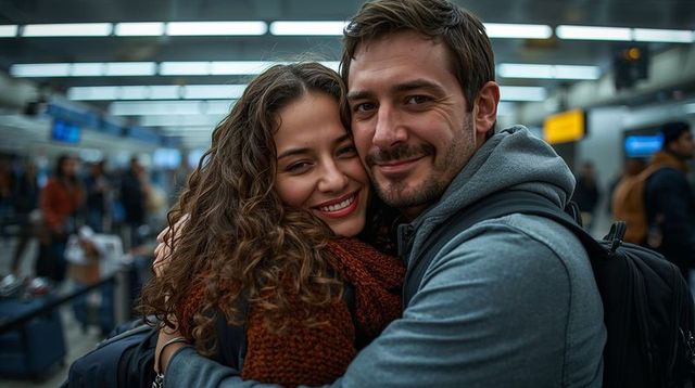 Couple Embracing and Smiling in Busy Airport Concourse, Travel Romance and Reunion