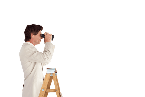 Businessman Standing on Ladder with Binoculars Transparent Background