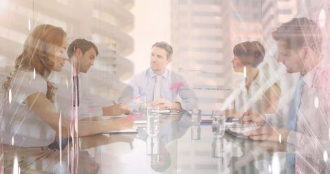 Geared company meeting illuminated with futuristic network