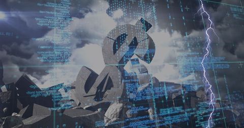 Digital storm over stone dollar symbol amid financial turmoil