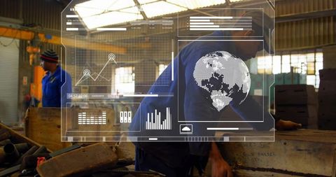 Industrial worker leaning over crate handling parts with augmented reality data overlay
