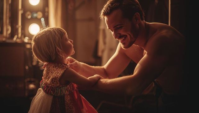 Tender backstage moment: father helping daughter in tulle dress under vanity lights