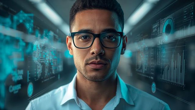 Data Scientist Analyzing Holographic Dashboards in Futuristic AI-Driven Corridor