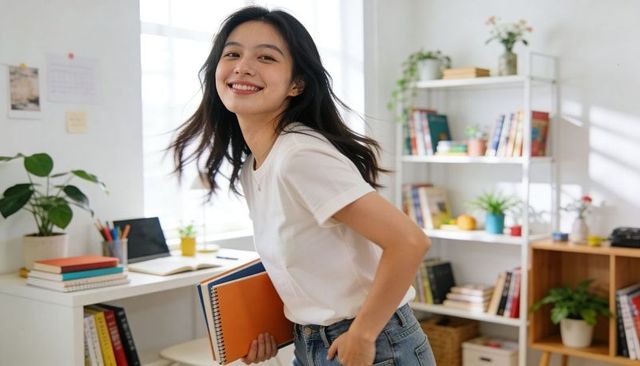Smiling asian student holding spiral notebooks in bright home study with laptop and books
