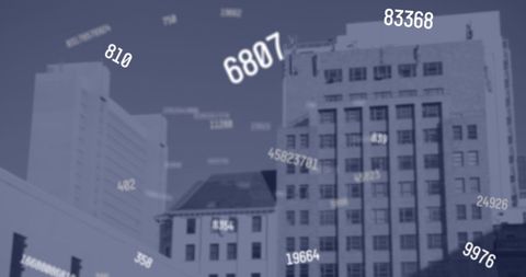 Digital Numbers Over Urban Skyline Signifying Data Flow