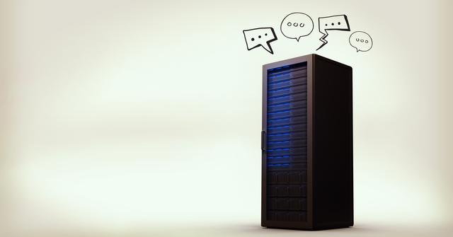 An isolated server rack with illustrated speech bubbles against a cream background. It conveys the concept of communication in technology and IT. Suitable for use in articles, blogs, and presentations related to data servers, networking, and technology communication.