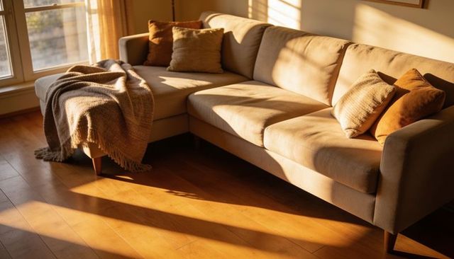 Sunlight streaming across beige l-shaped sofa with textured throw and cozy natural cushions