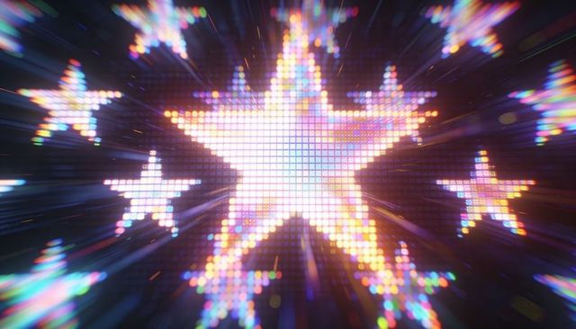 Neon pixel starburst led display with radiant five-point star and colorful bokeh