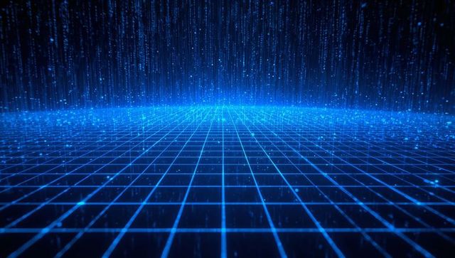 Streaming Neon-Blue Grid with Falling Particle Curtain, Futuristic Cyberspace Background