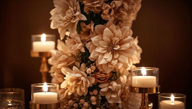 Cream-Beige Dahlia Centerpiece Blooming with Glowing Pillar Candles and Brass Holders