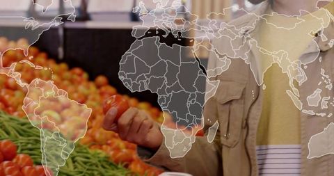 Male shopper picking tomato at market with world map overlay suggesting global supply