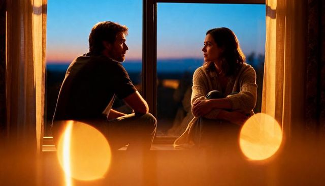 Couple leaning toward each other sharing intimate twilight conversation on windowsill with bokeh