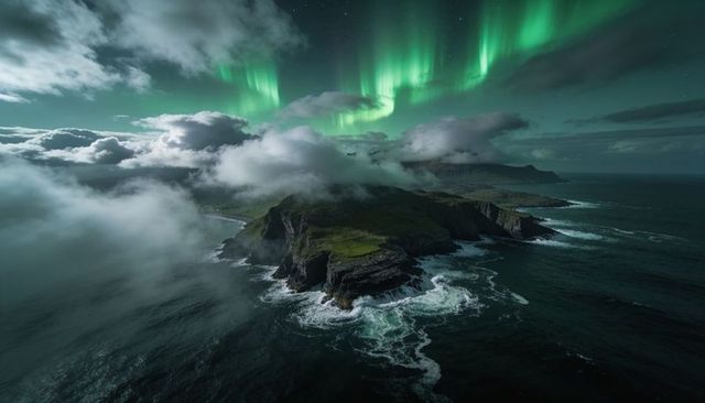 Aurora borealis streaming over rugged cliff and grassy headland with misty coastal surf