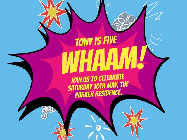 Celebrating a vibrant occasion, this comic book-style invitation bursts with energy and excitement. Ideal for themed parties or announcements, it can also be adapted for promotional events or product launches.