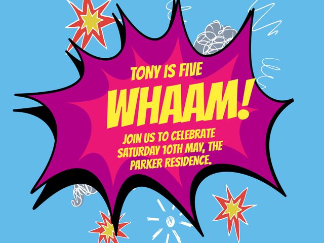 Perfect for creating a lively birthday party invitation, especially for young children. The comic book theme with explosive bursts and bold text conveys excitement and fun, making it ideal for engaging birthday celebrations. Suitable for digital and printed invites.