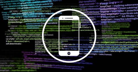 Smartphone icon revealing through code stream showing mobile app development concept