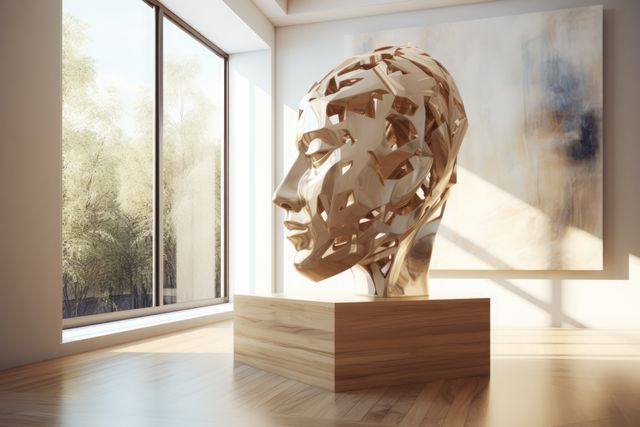 Close up of stone man's face sculpture in modern interiors, created using generative ai technology. Art and modern abstract face sculpture design concept digitally generated image.