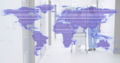 Nurse assisting elderly patient with walker in hospital with purple world map data overlay