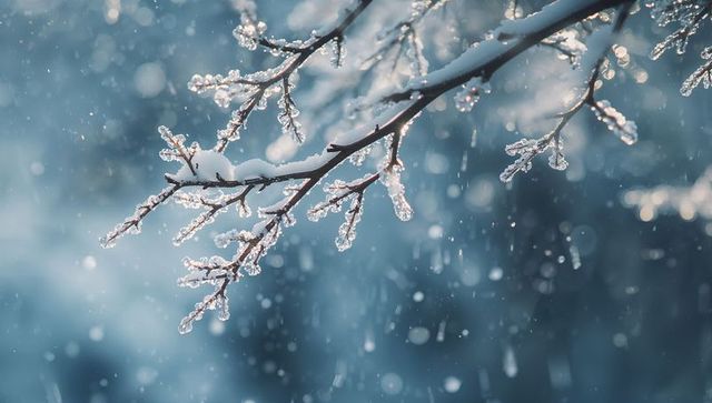 Frosted tree branches glistening with ice crystals and falling snow in soft blue bokeh