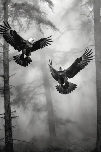 Two majestic eagles descend through a misty forest. The image captures the powerful grace of these birds in their natural habitat.