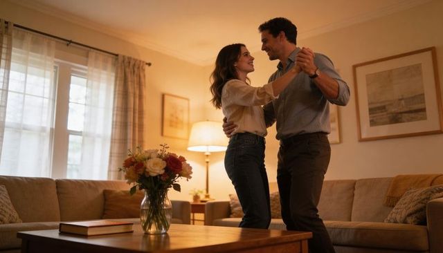 Young couple slow dancing in warm living room sharing cozy romantic evening at home