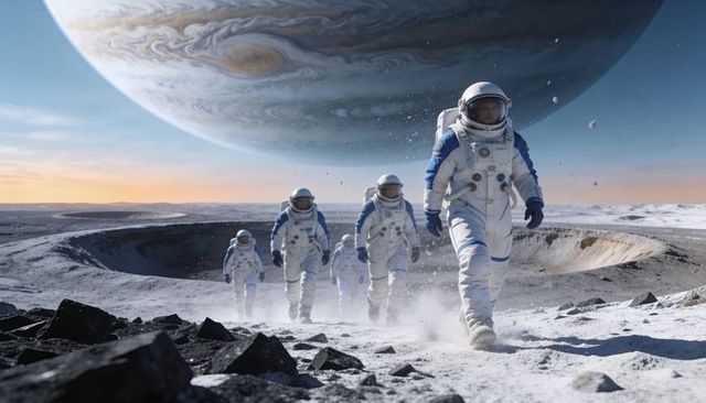 Astronaut Team Walking Near Crater Rim on Alien Moon Under Gas Giant Planet, Cinematic EVA