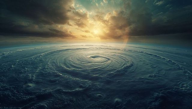 Dramatic ocean vortex with storm clouds and sunlight reflections