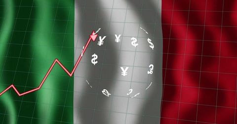 Italian economy growth concept with rising stock chart over italian tricolor currency globe