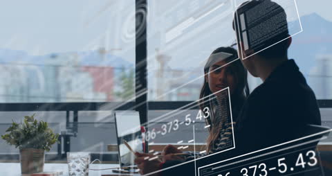 Diverse Colleagues Discussing Tech with Digital Interface Overlay