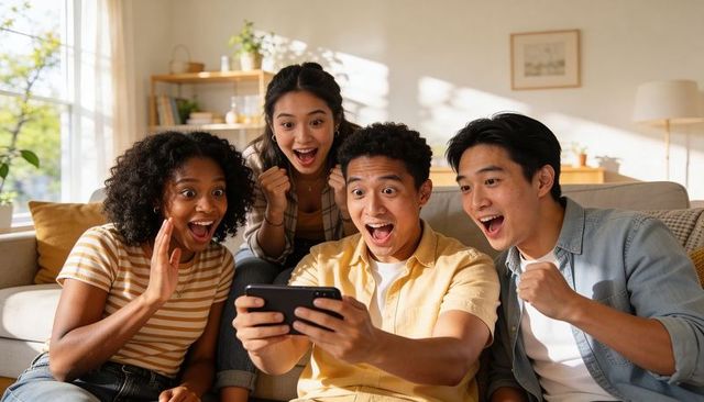 Friends reacting to smartphone surprise on sunlit living room couch