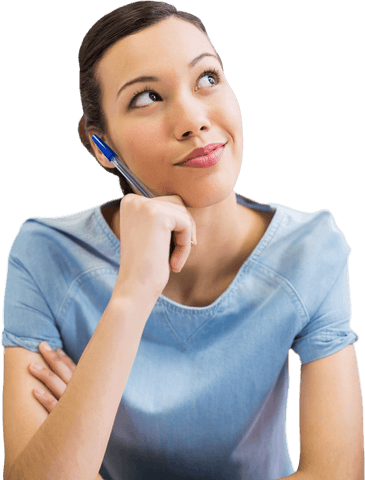 Thoughtful woman holding pen on transparent background