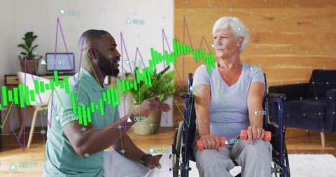 Caregiver kneeling guiding senior in wheelchair through strength training with data overlay