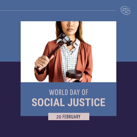 World day of social justice poster with woman holding gavel