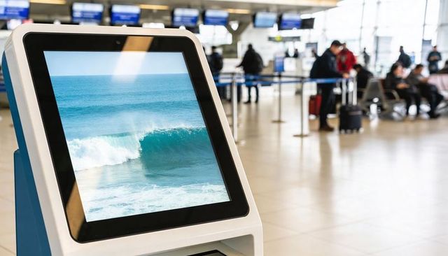 Self-service kiosk displaying ocean wave on touchscreen in busy airport terminal lounge