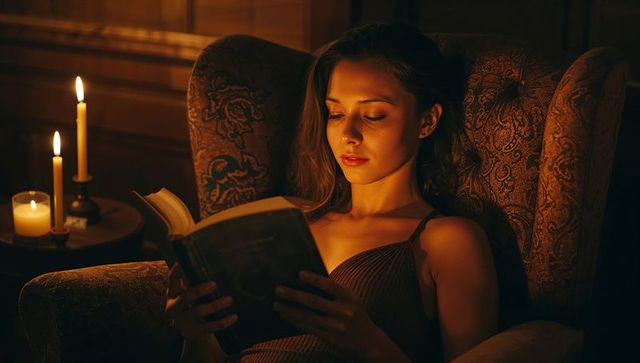Woman Reading by Candlelight in Cozy Vintage Interior